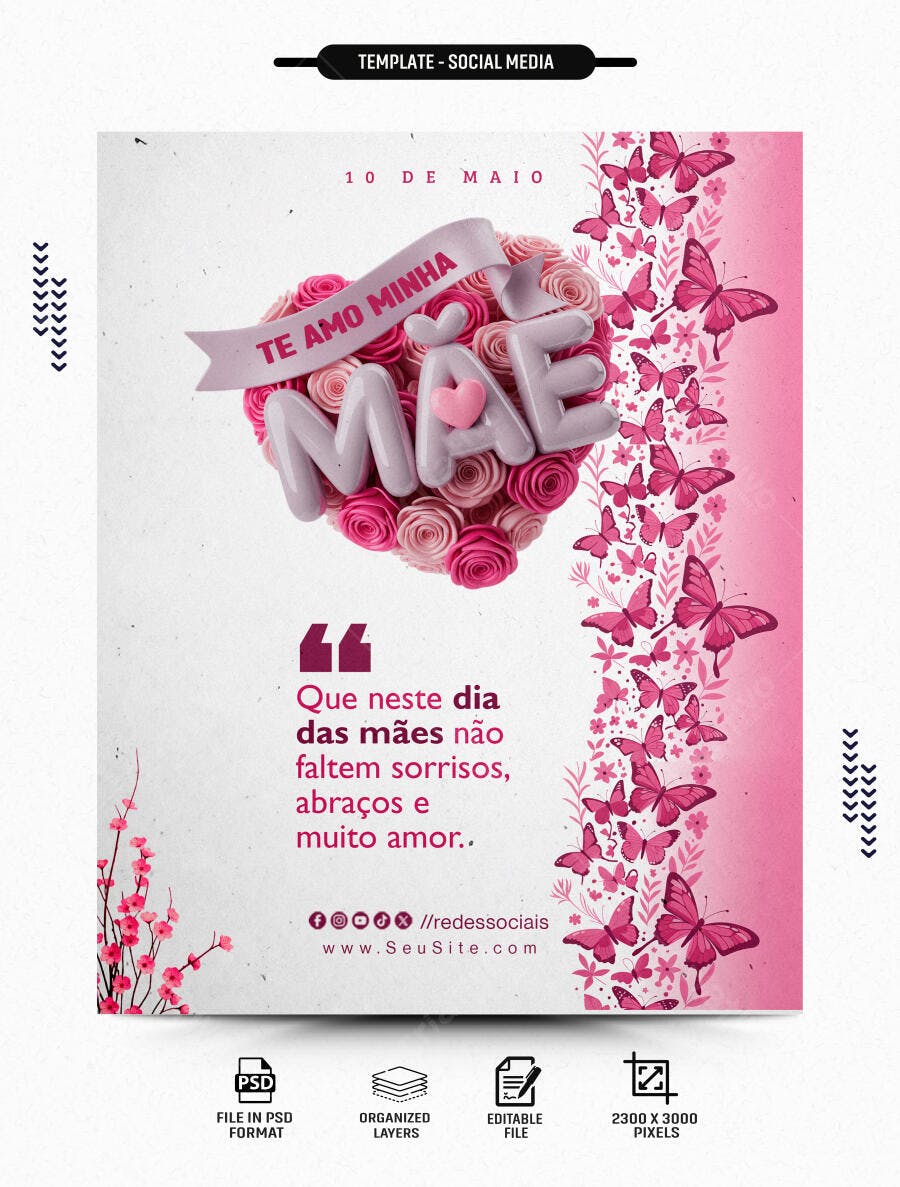 Post Instagram Dia das Mães Rosas Borboletas PSD Editável