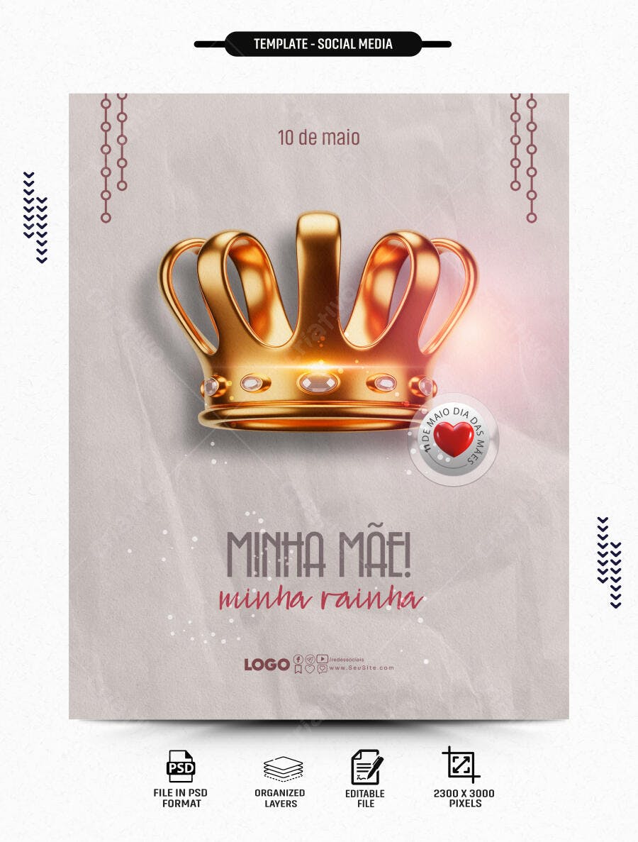 Post Instagram Dia das Mães Coroa Dourada PSD Editável