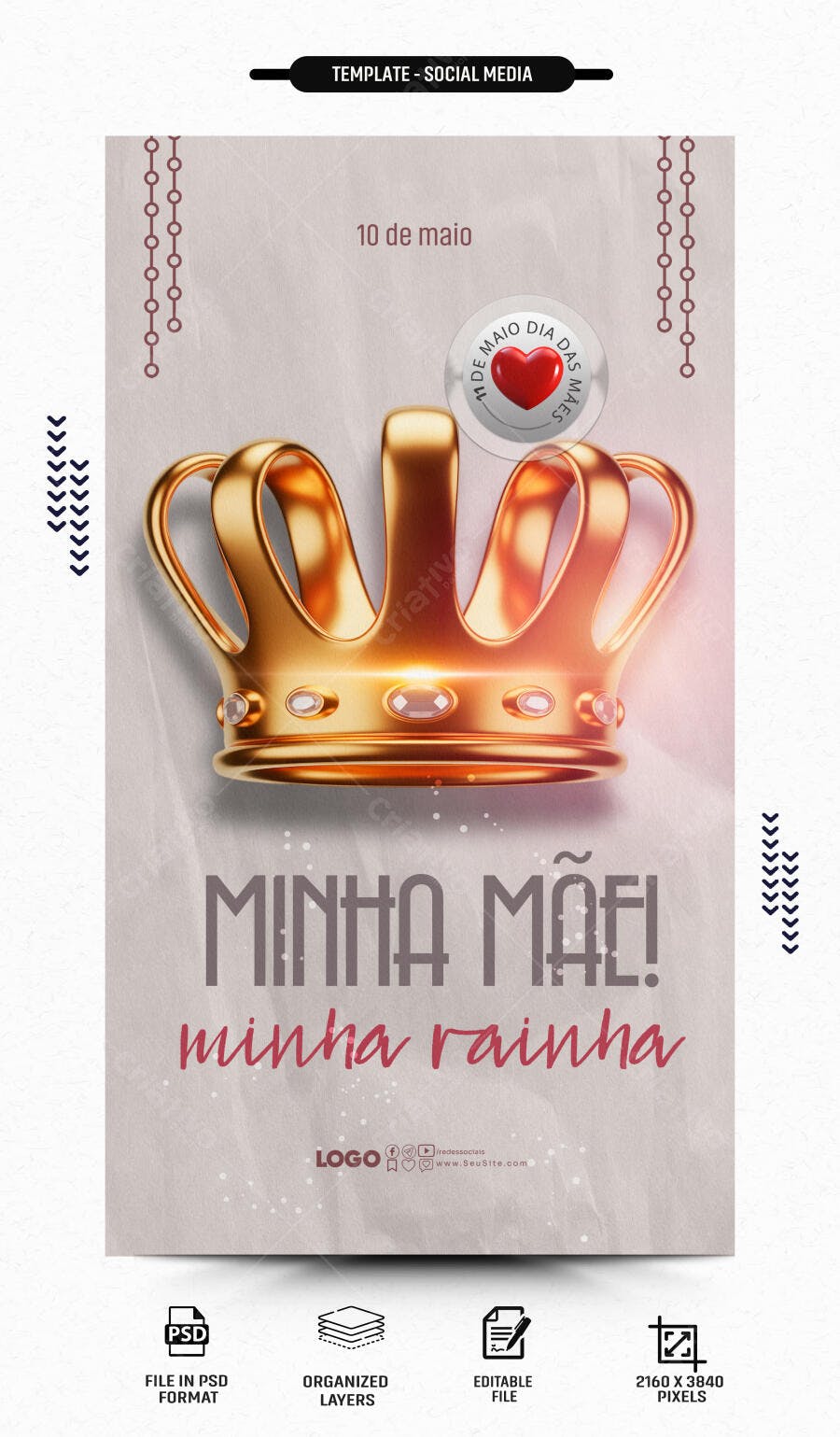 Post Instagram Dia das Mães Coroa Dourada PSD Editável