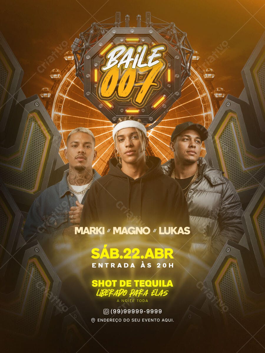 Flyer Baile 007 Festa Eletrônica Abril PSD Editável