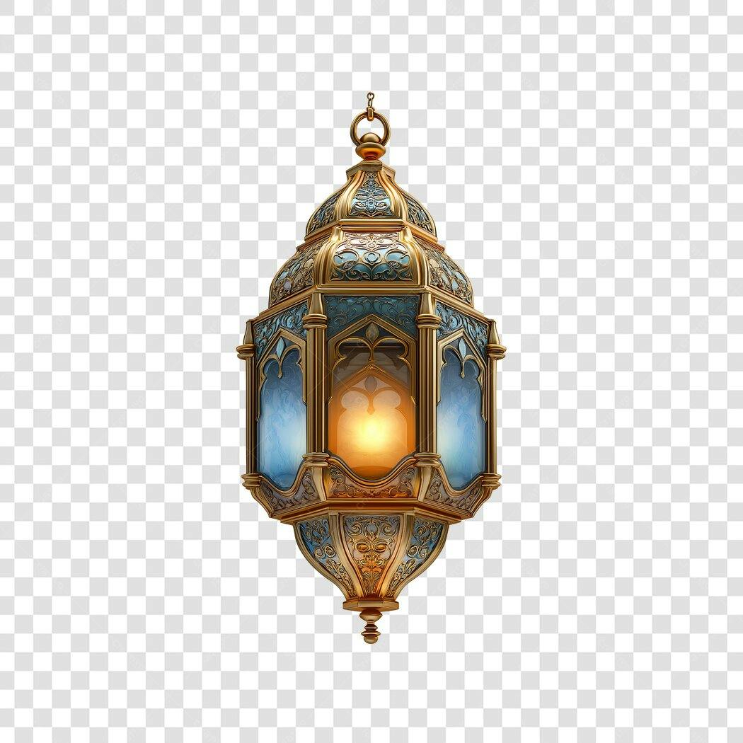Elemento 3D Lanterna Árabe Ramadã Dourada Azul PNG Fundo Transparente
