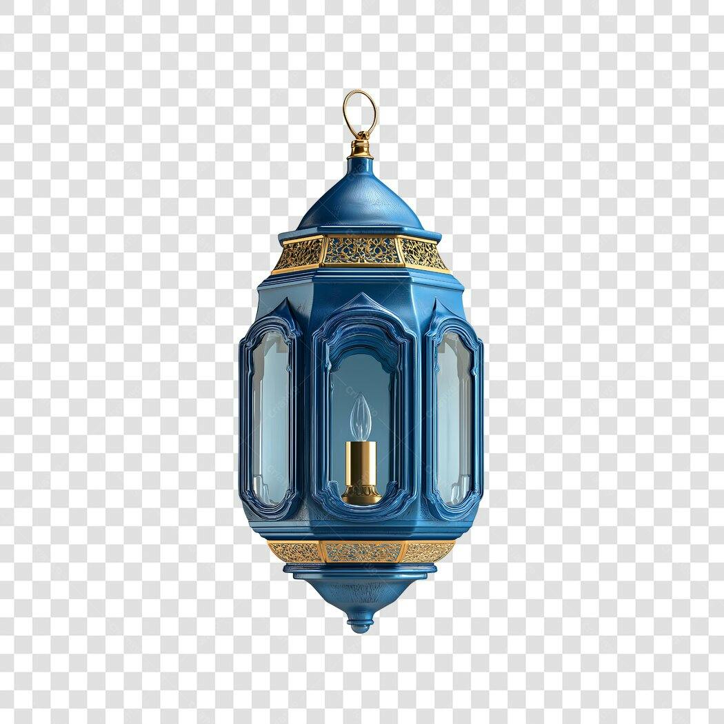 Elemento 3D Lanterna Azul Dourada Ramadã PNG Fundo Transparente