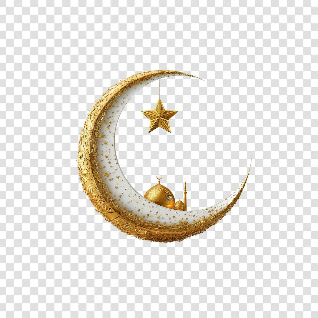 Elemento 3D Lua Crescente Estrela Dourada Islâmica PNG Fundo Transparente