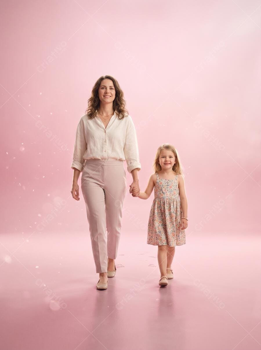 Foto Mãe e Filha Andando Mãos Dadas Fundo Rosa Estúdio