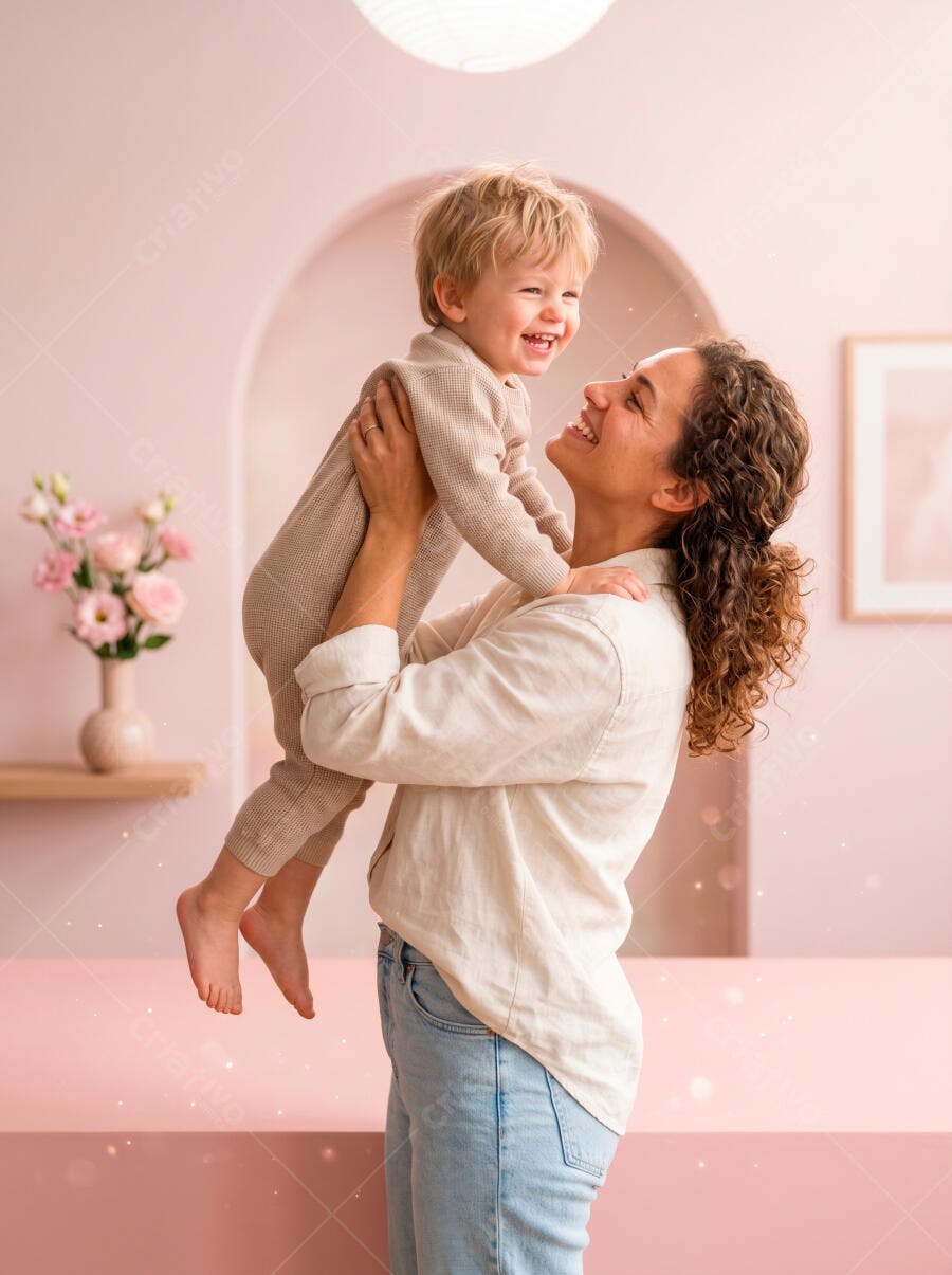 Foto Mãe e Filho Sorrindo Brincando Quarto Rosa Claro