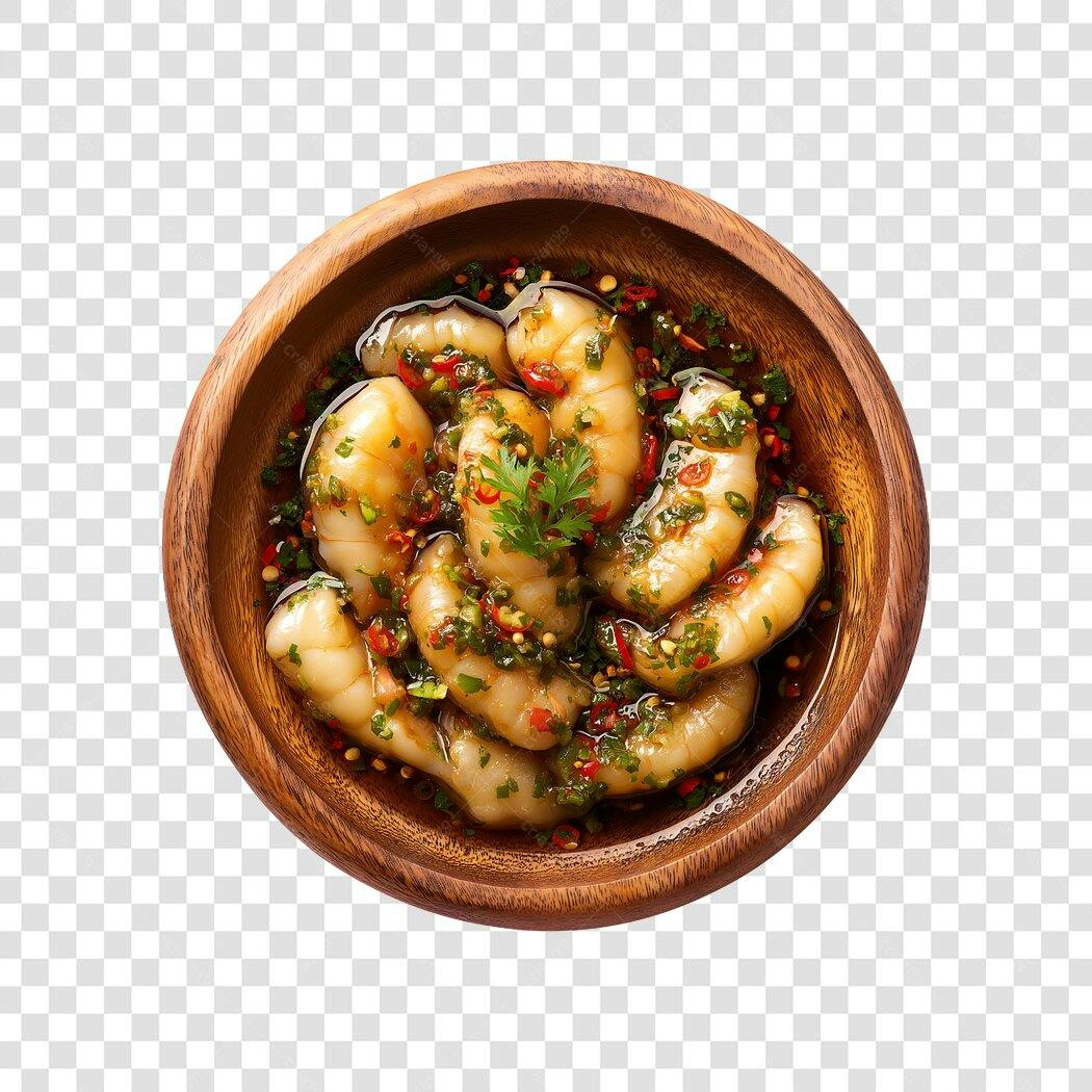 Foto Recortada Camarão no Molho Verde Tigela Madeira PNG Fundo Transparente