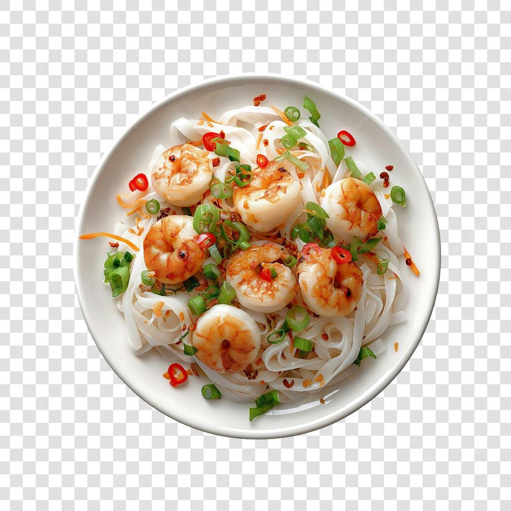Foto Recortada Prato Camarão Macarrão Asiático PNG Fundo Transparente