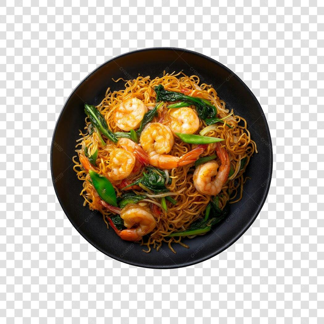 Foto Recortada Yakisoba Camarão Verduras PNG Fundo Transparente