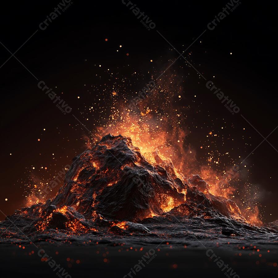 Foto Vulcão em Erupção Noturna com Lava e Faíscas Escuridão