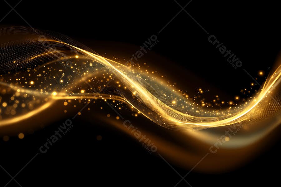 Fundo Abstrato Dourado Brilhante com Partículas de Luz e Ondas