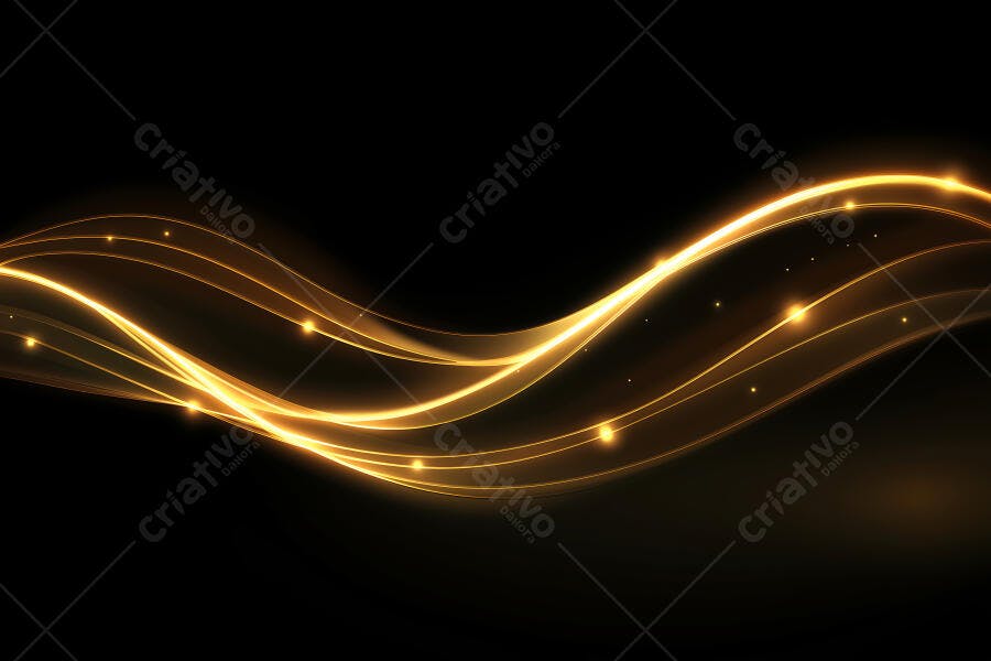 Linhas Douradas Abstratas Onduladas com Brilho e Luz Fundo Preto