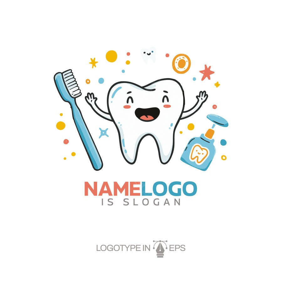 Logotipo Vetorial Dente Feliz Escova de Dentes Cartoon