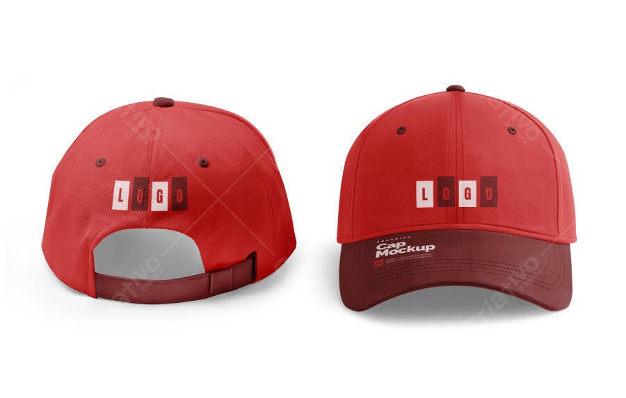 Mockup Boné Vermelho Frente e Verso Fundo Branco Editável