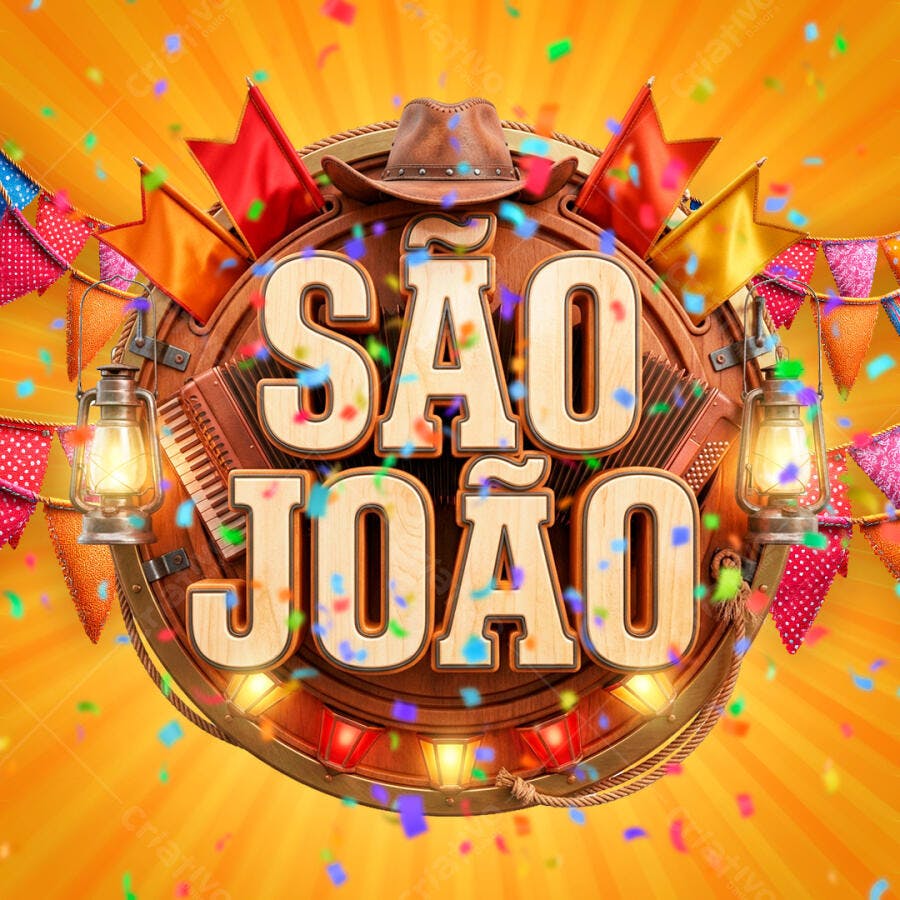 Selo 3D São João Festa Junina com Chapéu e Balões PNG Transparente