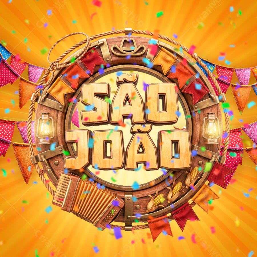 Selo 3D São João Festa Junina Madeira Detalhes PNG