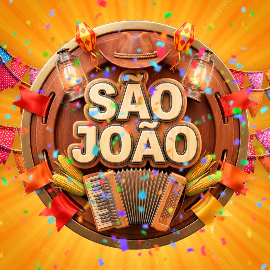 Selo 3D São João Festa Junina Madeira e Ouro PNG Transparente