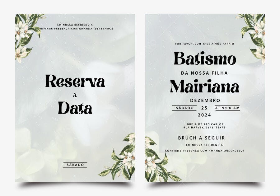 Convite Batismo Floral Minimalista Branco e Verde