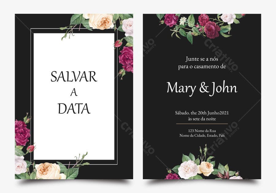 Convite Casamento Floral Aquarela Preto Editável