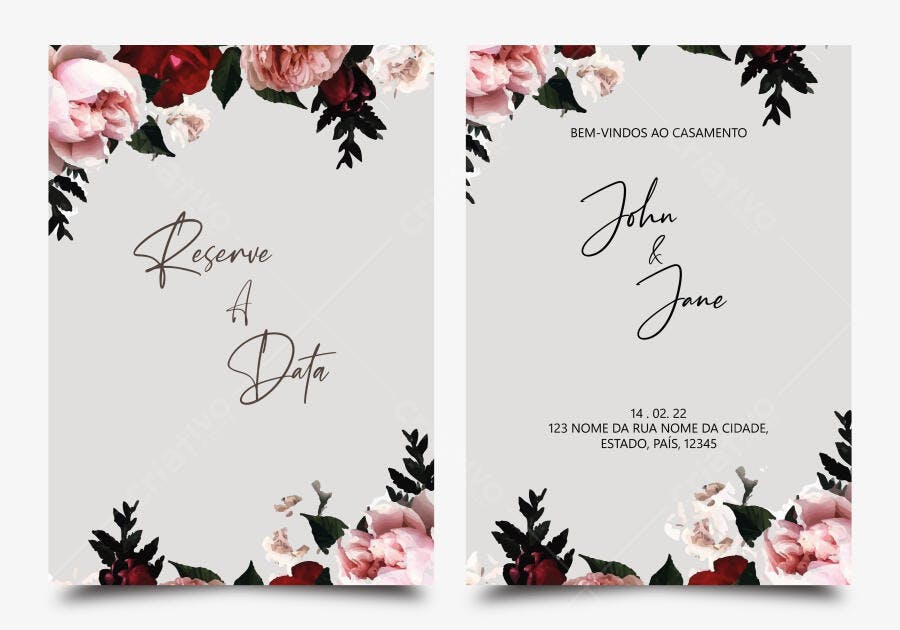 Convite Casamento Floral Aquarela Rosas Vermelhas e Rosas