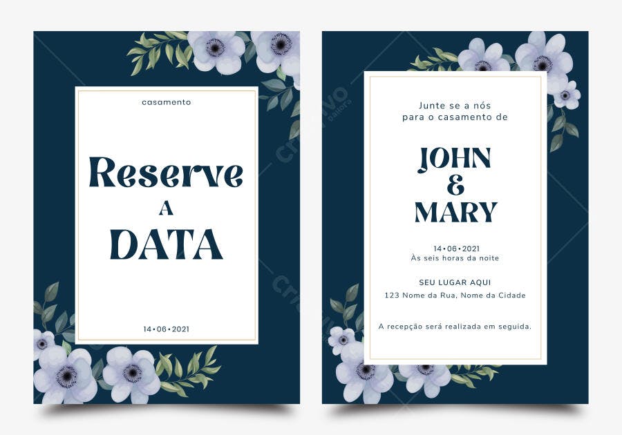Convite Casamento Floral Azul Marinho Aquarela Vetorial