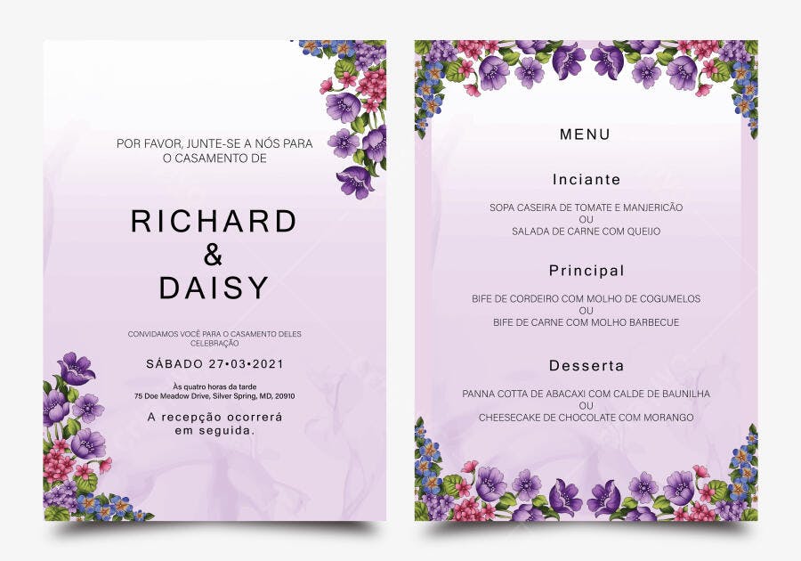 Convite Casamento Floral Roxo Menu Editável