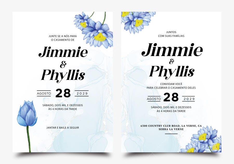 Convite Casamento Jimmie Phyllis Floral Aquarela Azul