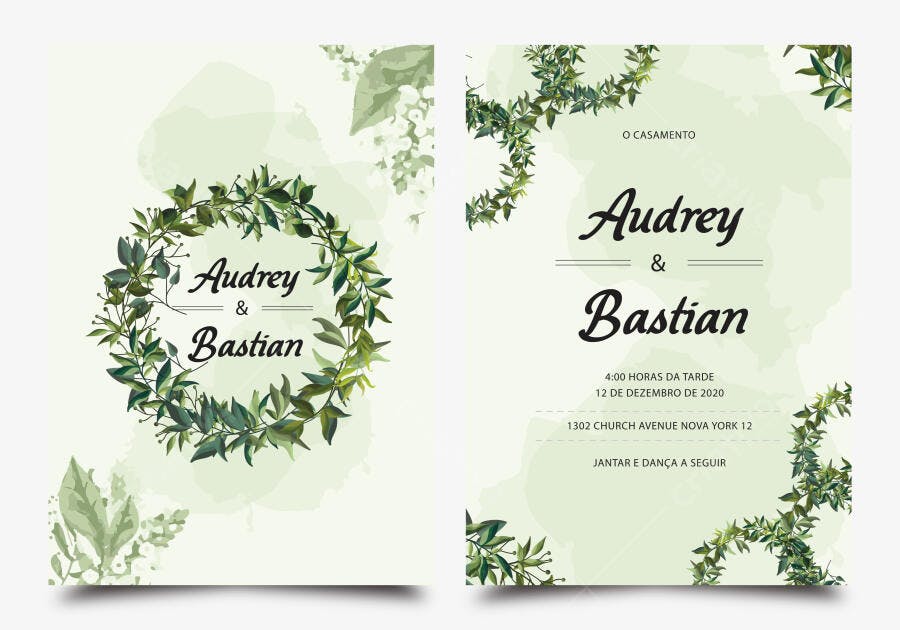 Convite Casamento Vetorial Folhas Verdes Aquarela