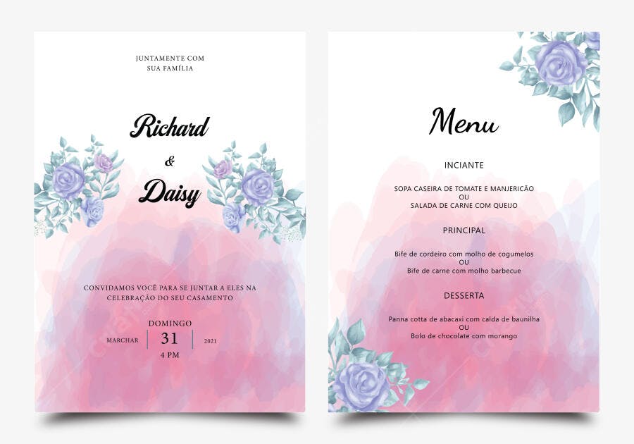 Convite de Casamento e Menu Floral Aquarela Rosa Lilás