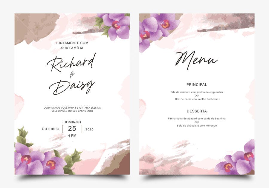 Convite e Menu Casamento Vetorial Aquarela Floral Roxo