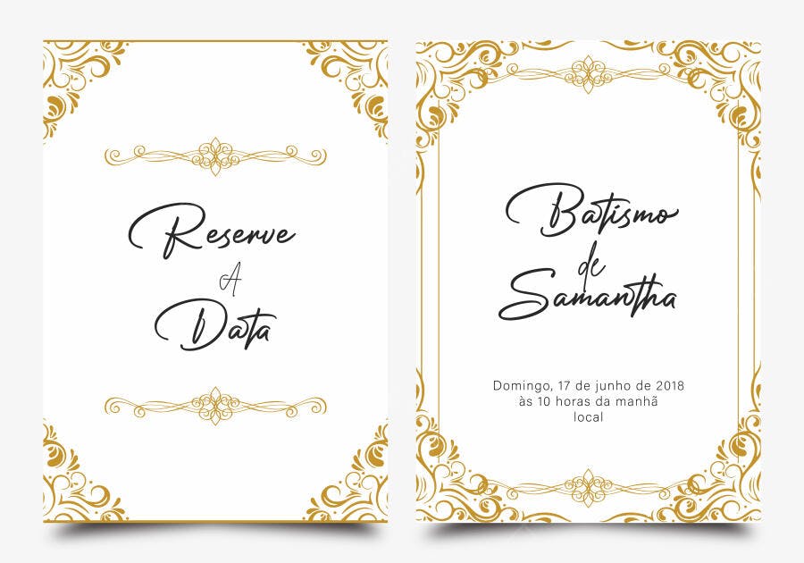 Convite Vetorial Batismo Floral Dourado Elegante