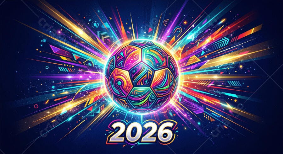 Copa do Mundo 2026 Bola de Futebol Colorida Abstrata Explosão de Luz