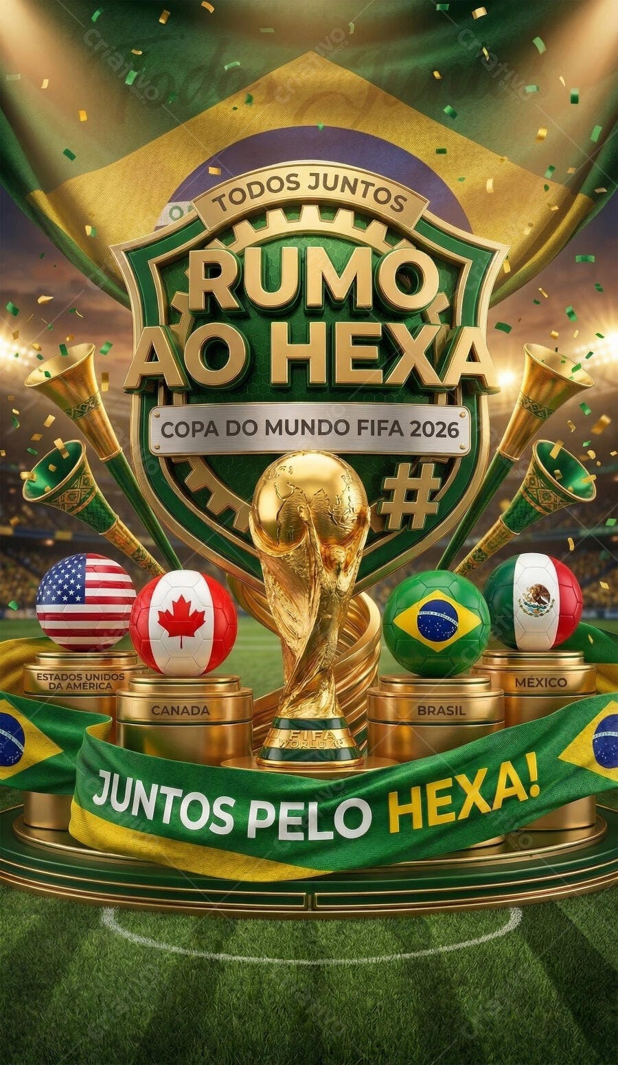 Copa do Mundo FIFA 2026 Rumo ao Hexa Troféu Bolas Bandeiras