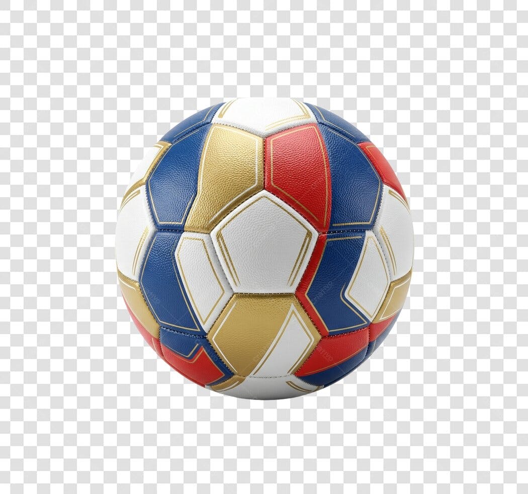 Elemento 3D Bola de Futebol Azul Vermelha Dourada PNG Fundo Transparente