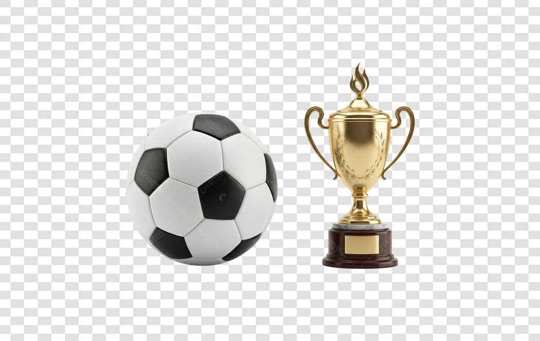 Elemento 3D Bola Futebol e Troféu Dourado PNG Fundo Transparente