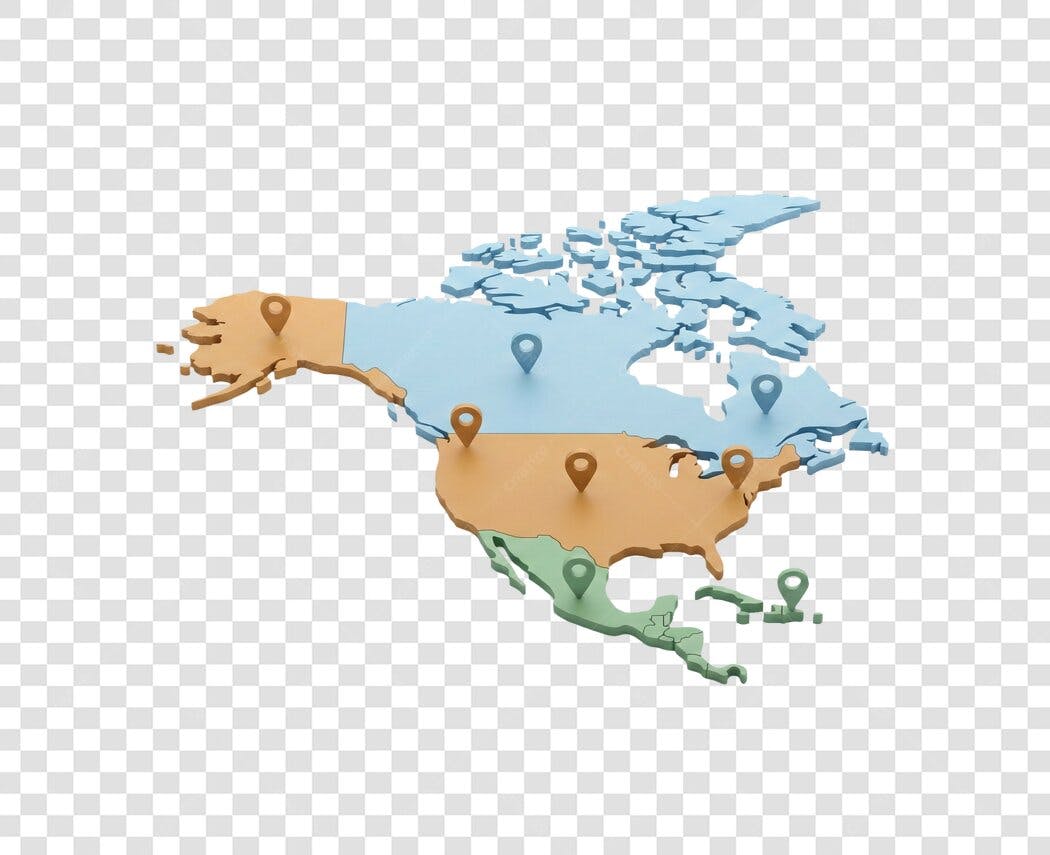 Elemento 3D Mapa América do Norte Pinos Localização PNG Fundo Transparente
