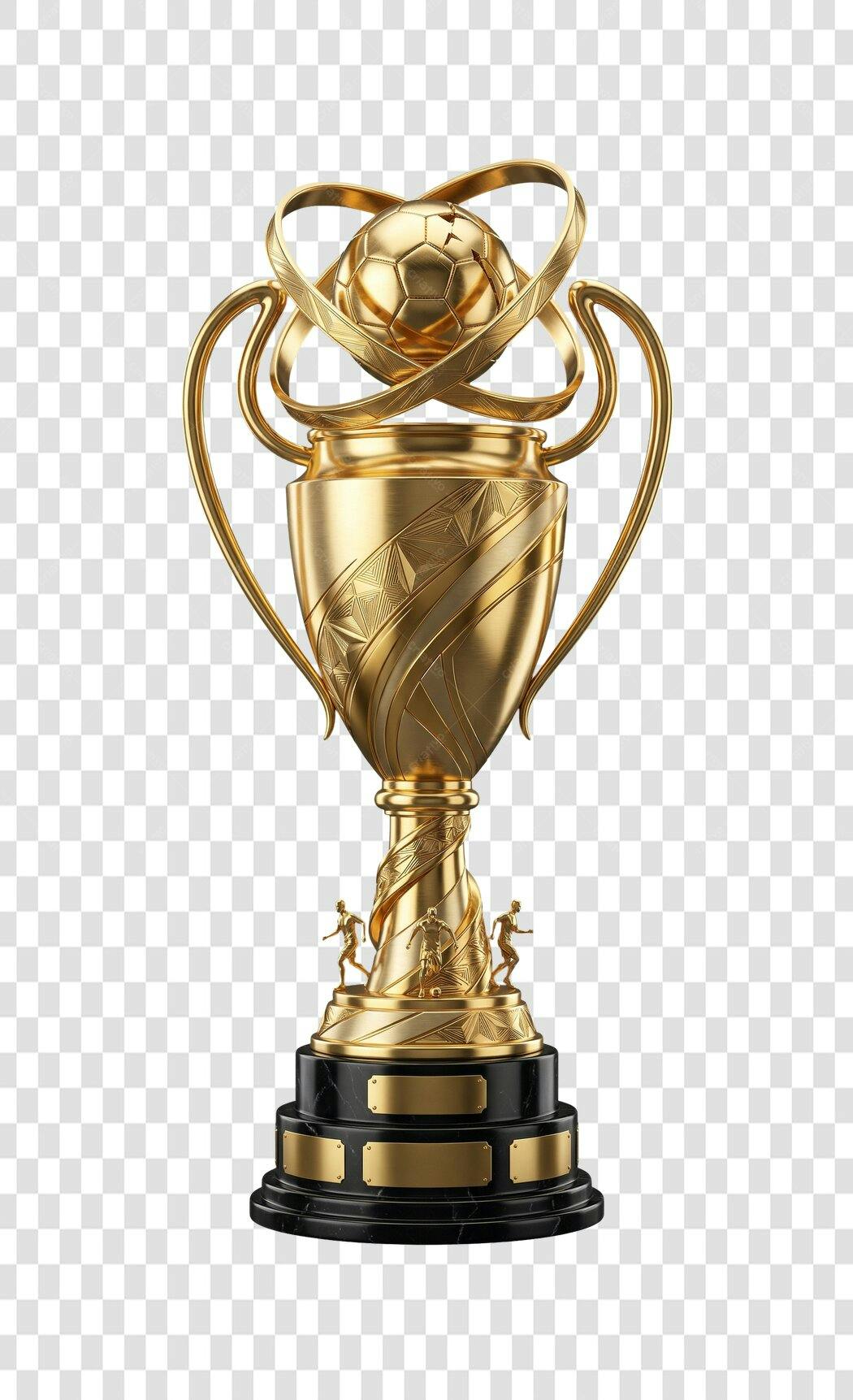 Elemento 3D Troféu Futebol Dourado Base Preta PNG Fundo Transparente