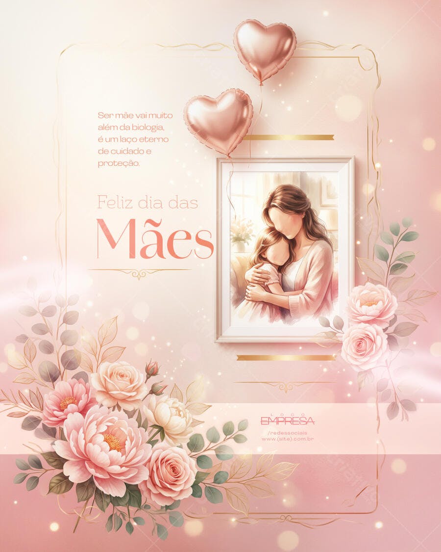 Flyer Dia das Mães Rosas Balões Coração PSD Editável