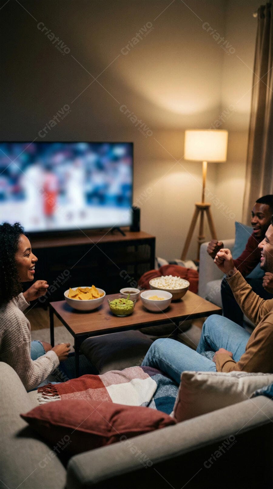 Foto Amigos Assistindo TV Juntos Sala Escura Noite