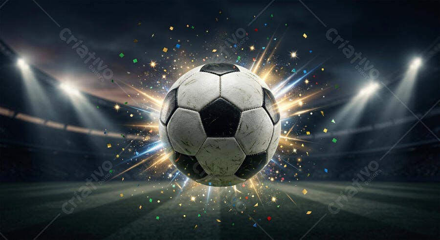Foto Bola de Futebol Brilhando Estádio Iluminado Noturno