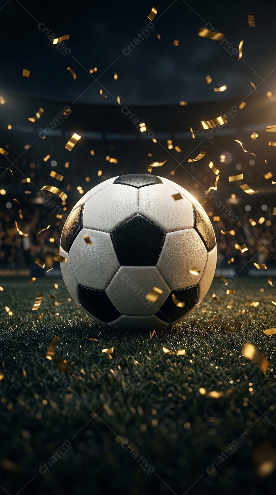 Foto Bola de Futebol Campo Confetes Dourados Celebração