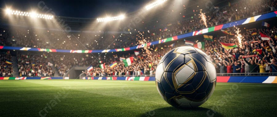 Foto Bola de Futebol Campo Estádio Iluminado Torcida Celebrando