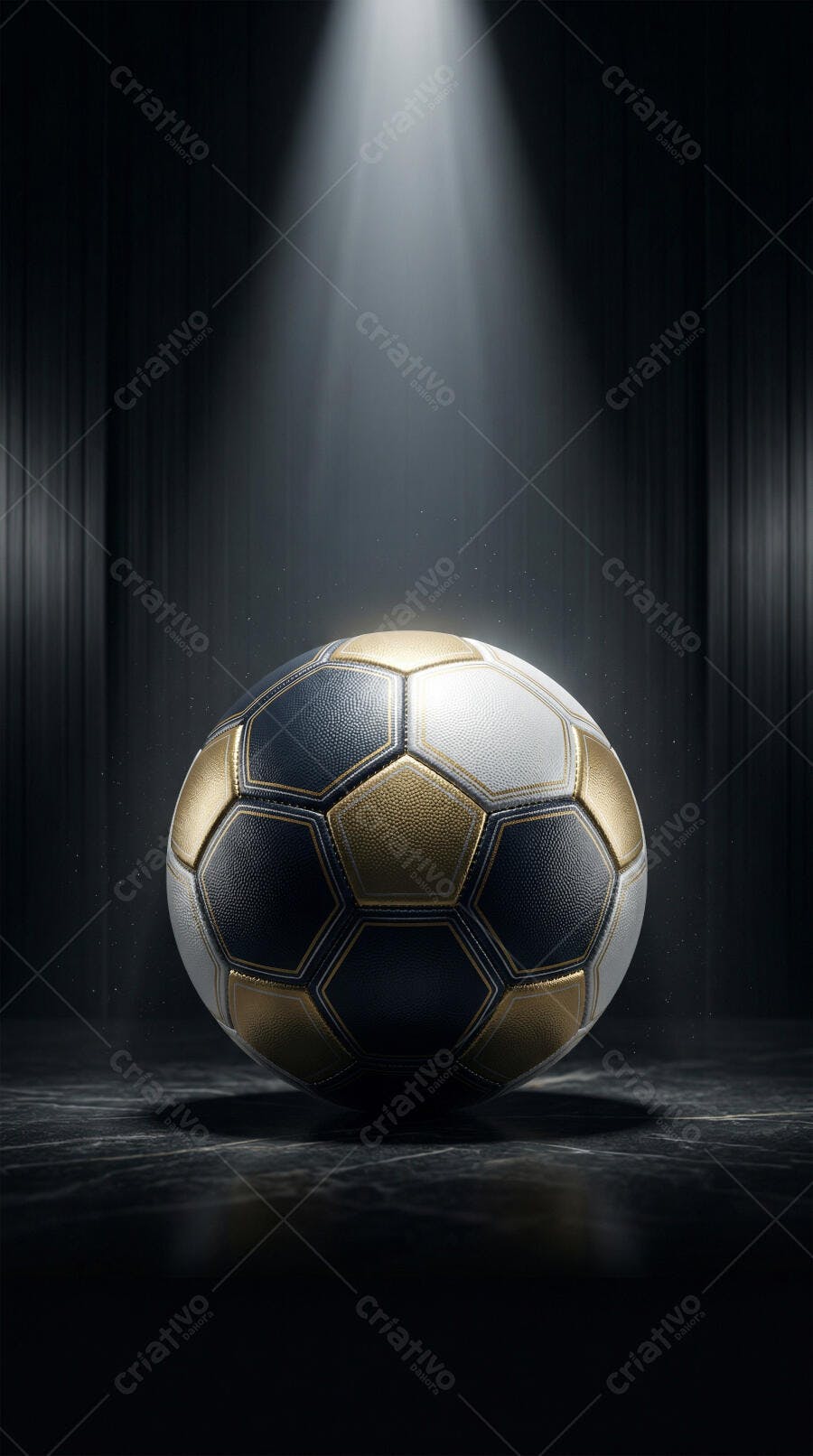 Foto Bola de Futebol Dourada e Preta Iluminada Estúdio Escuro