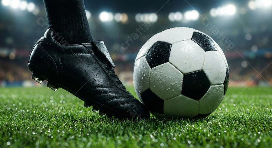 Foto Chute Bola de Futebol Campo Gramado Estádio Iluminado