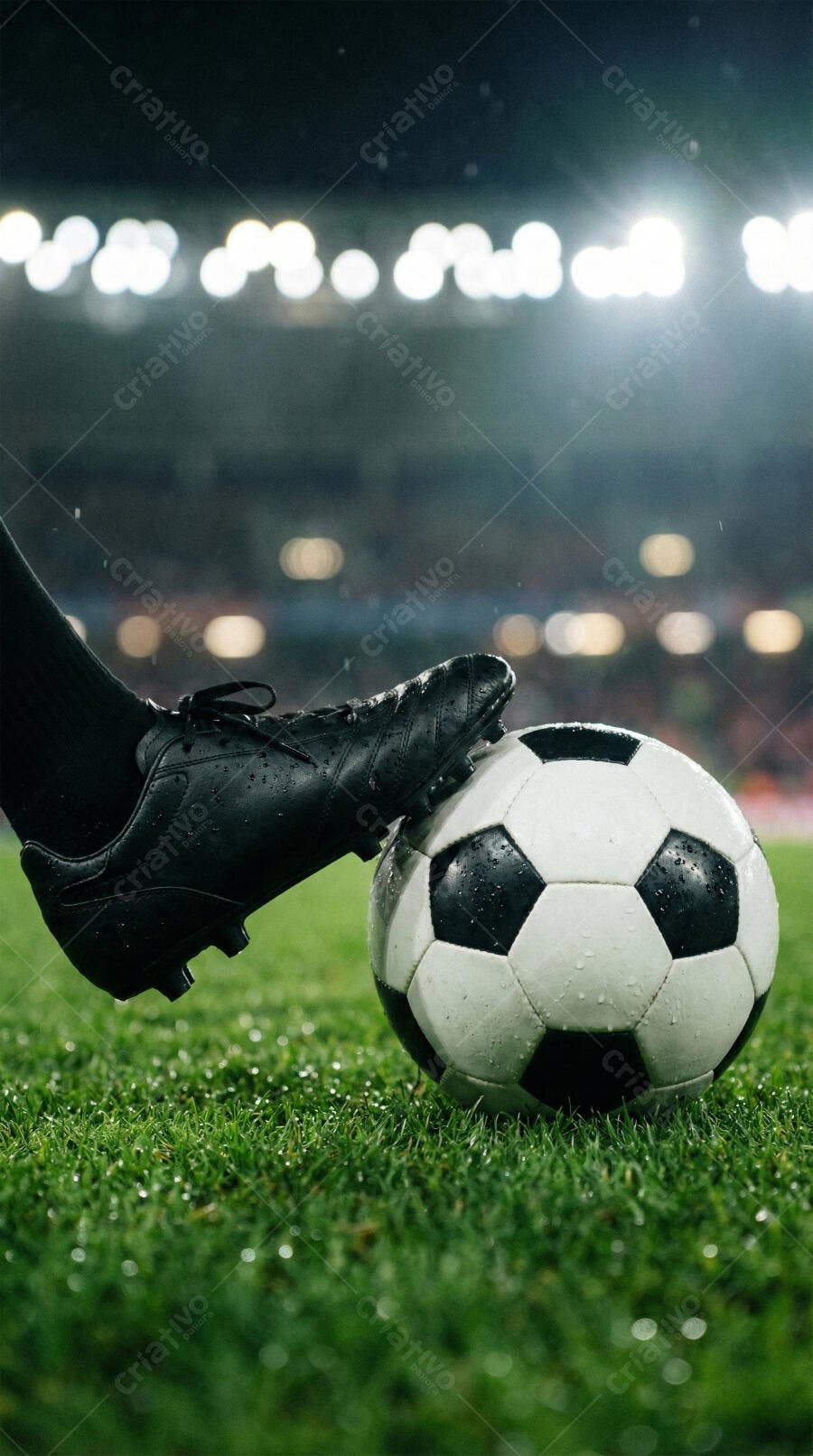 Foto Chuteira Pisando Bola de Futebol Campo Molhado Estádio Noturno