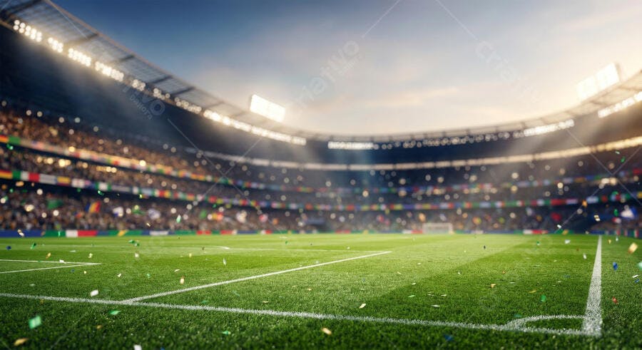 Foto Estádio Futebol Iluminado Gramado Confetes Torcida