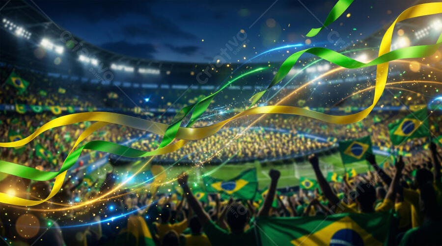 Foto Estádio Futebol Torcida Brasileira Celebrando Jogo Noturno