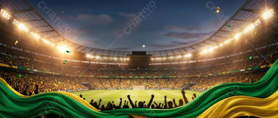Foto Estádio Futebol Torcida Vibrando Bandeira Brasil Iluminado