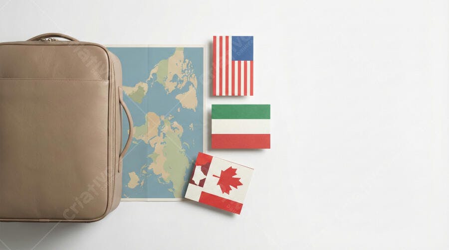 Foto Flat Lay Mala Viagem Mapa Mundi Bandeiras Países