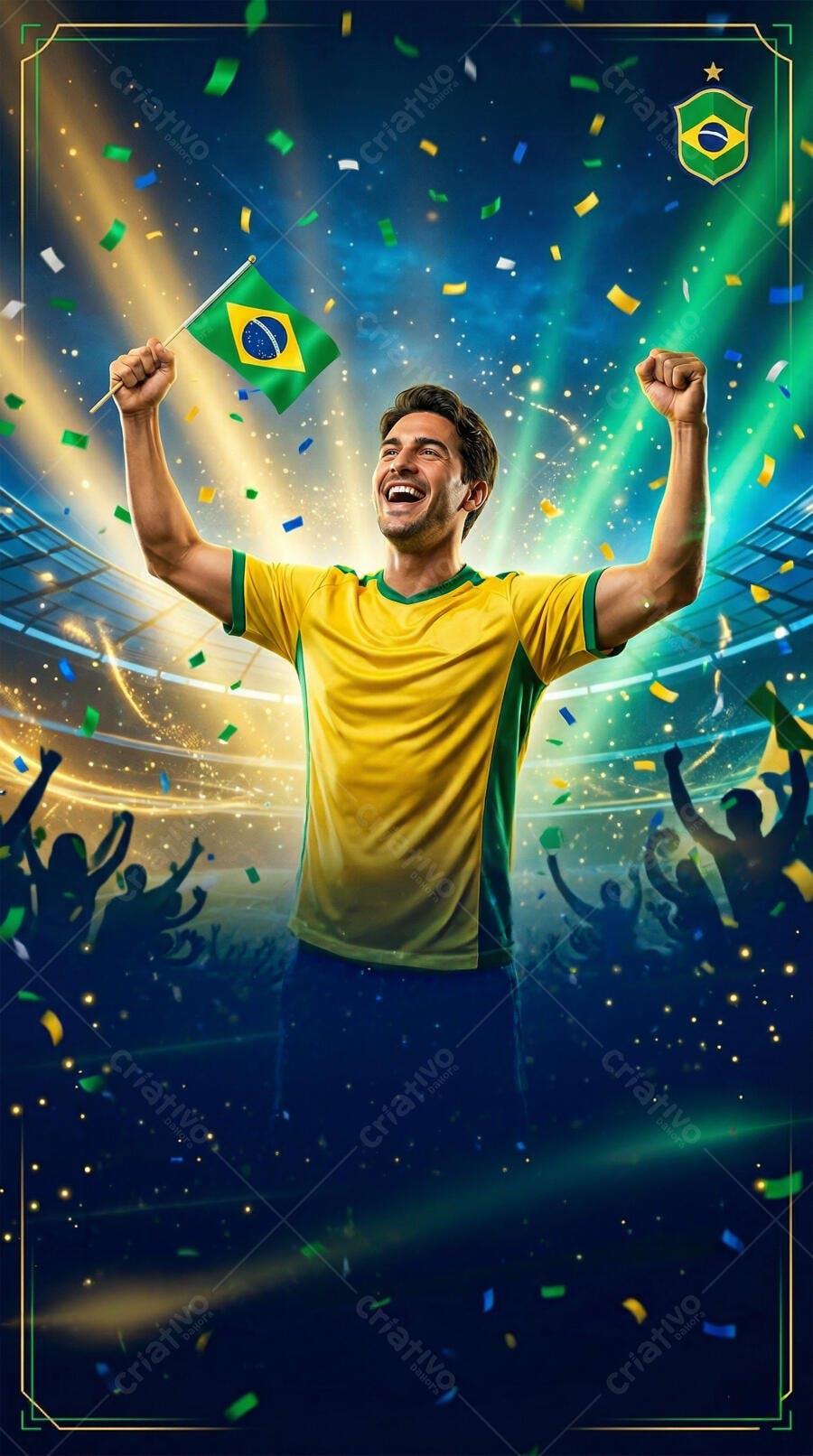 Foto Homem Brasileiro Celebrando Vitória Futebol Bandeira Confetes