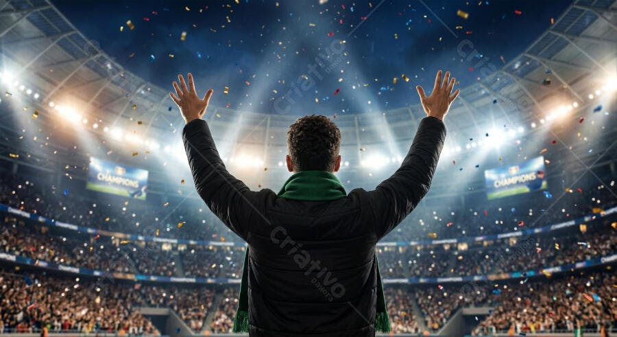 Foto Homem Celebrando Vitória Estádio Futebol Confetes
